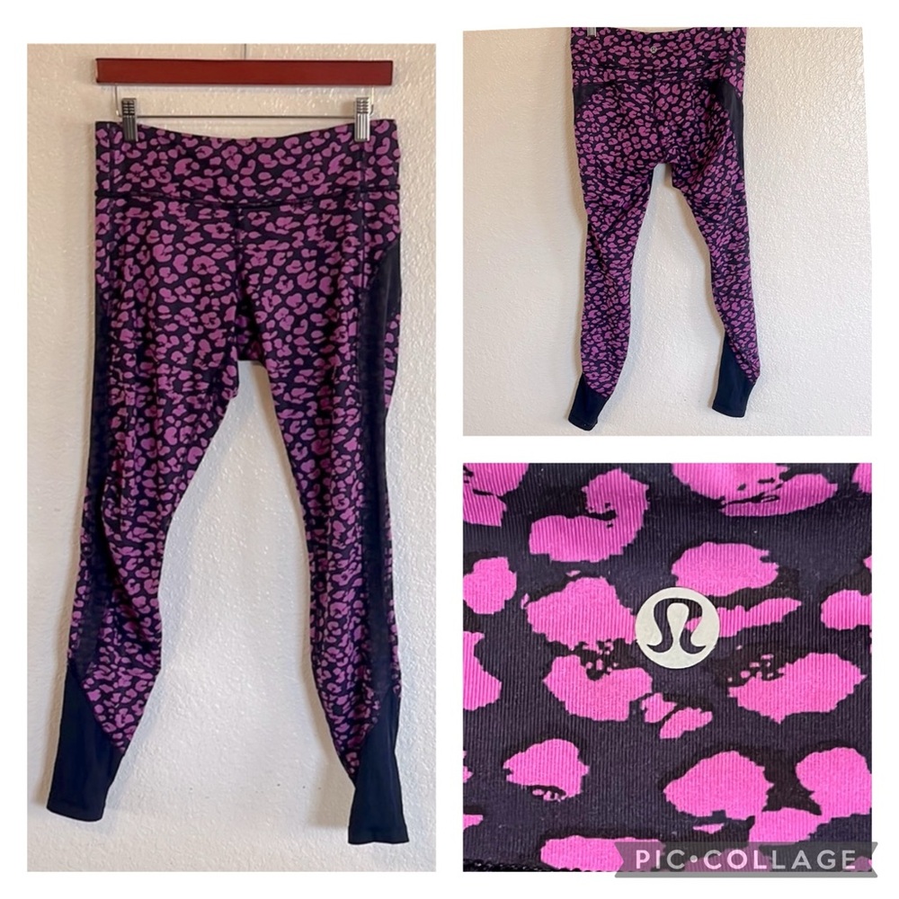 Leggings Lululemon Athletica Black Purple Pink Leopard Pink Flower Print Size 8